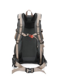 Vue arrière d'un sac à dos noir et gris avec des bretelles en maille rembourrée, des accents beige, des boucles réglables et des poches latérales pour le rangement.