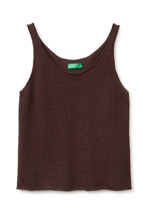 Bruine gebreide mouwloze tanktop met ronde hals en groen "United Colors of Benetton" label aan de binnenkant van de kraag.