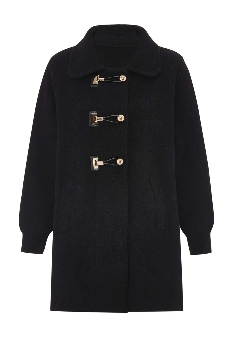 Cappotto nero a metà lunghezza con colletto ampio, tre chiusure a toggle con accenti dorati, maniche lunghe e tasche laterali.