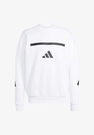 Bijela dukserica s crnim geometrijskim prugama i logotipom sprijeda. Ima duge rukave te rebraste manžete i donji rub.