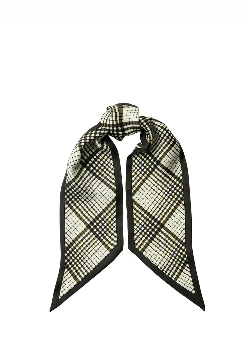 Écharpe en soie présentant un motif à carreaux noirs et blancs, avec une bordure noire unie et des extrémités longues et pointues. Texture lisse.
