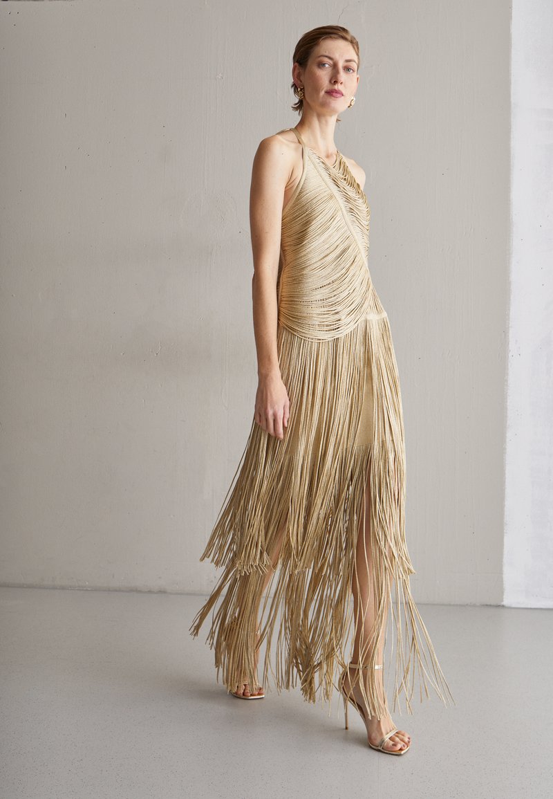 Hervé Léger METALLIC DRAPED FRINGE GOWN Iltapuku metallic gold