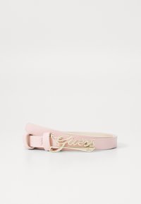 Curea sintetică roz, având un logo metalic aurit "Guess" ca cataramă. Cureaua este netedă, cu un design simplu al închiderii.