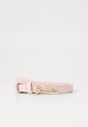 Roza sintetična pasovina z zlatim kovinskim logotipom "Guess" kot zaponko. Pas je gladek s preprostim oblikovanjem zaponke.