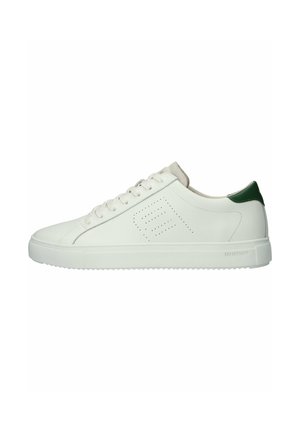 Witte leren sneaker met een groene hielaccent, ronde neus, platte zool en geperforeerde details aan de zijkant. Veters zijn wit en hebben een textuurafwerking.