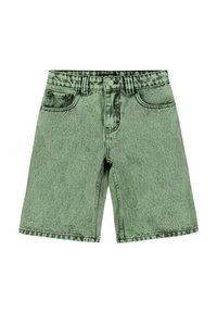 Shorts in denim verde con texture sbiadita, design a cinque tasche e chiusura con bottone. Presentano dettagli cuciti e un taglio dritto.