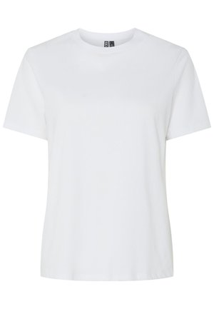 Valkoinen puuvillapaita lyhyillä hihoilla ja pyöreällä kaula-aukolla. Suuri tekstuuri, rento malli, eikä näkyviä kuvioita tai yksityiskohtia.