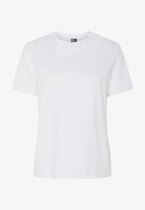 Biała bawełniana koszulka z krótkim rękawem i okrągłym dekoltem. Gładka faktura, luźny krój i brak widocznych wzorów lub akcentów.