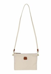 Borsa a tracolla beige realizzata in tessuto liscio, con apertura zip, un accento in pelle marrone e una tracolla regolabile.