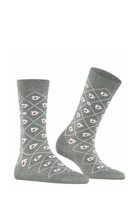 Graue Socken mit einem Rautenmuster, kleinen weißen Teetassen und roten Rosen, aus weichem Stoff, mittlere Wadenlänge.