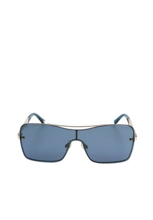 Occhiali da sole rettangolari con lenti blu, montatura sottile in metallo argento e design a doppio ponte.