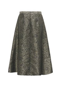 Metalinių tamsiai auksinių ir juodų spalvų, kelių ilgio sijonas, pasižymintis platėjančiu dizainu, lygia tekstūra ir juosmeniu viršuje.