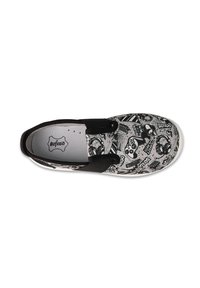 Czarno-białe buty typu slip-on z graficznym nadrukiem przedstawiającym słuchawki, kontrolery gier oraz abstrakcyjne wzory. Tkaninowa cholewka z elastycznymi akcentami.