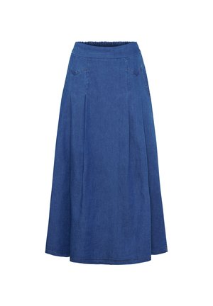 Blå A-formet midi jeansnederdel med elastisk talje og diskret frontsyning.