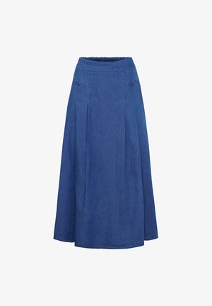 Blå A-formet midi jeansnederdel med elastisk talje og diskret frontsyning.