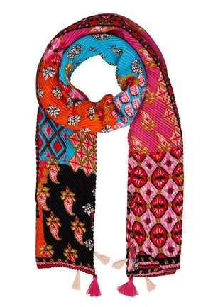 Bunter Schal mit Blumen-, Paisley- und geometrischen Mustern in Orange, Blau, Pink, Schwarz und Rot, veredelt mit rosa und weißen Fransen.