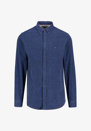 Camicia blu navy a maniche lunghe con bottoni, logo ricamato piccolo sul petto a sinistra e punte del colletto con bottoni.