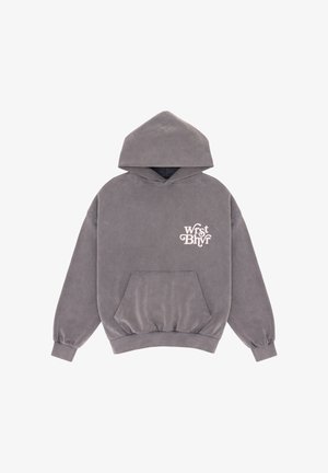 Grauer Kapuzenpullover mit Vordertasche und weißem, stilisiertem "Wrst Bhvr"-Text auf der linken Brust, dargestellt auf weißem Hintergrund.