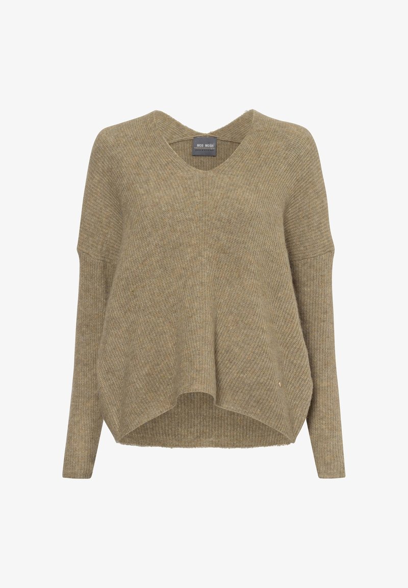Pull beige surdimensionné en maille texturée, avec un décolleté en V et des manches longues se terminant par une ourlet arrondi. Détail de logo discret.