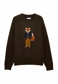 Dunkelbrauner Strickpullover mit einem Grafikmotiv eines Fuchses, der eine marineblaue Jacke, ein gestreiftes Hemd, senfgelbe Hosen und braune Schuhe trägt, das auf der Vorderseite zentriert ist.