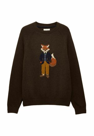 Dark brown knit sweater with a graphic of a fox wearing a navy jacket, striped shirt, mustard pants, and brown shoes centered on the front.