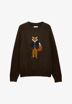 Dark brown knit sweater with a graphic of a fox wearing a navy jacket, striped shirt, mustard pants, and brown shoes centered on the front.