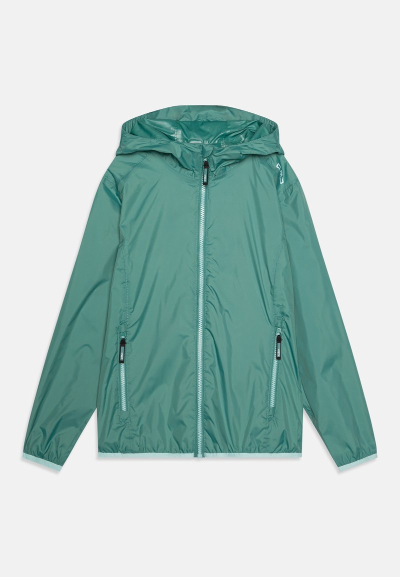 Veste légère à capuche en teal, fabriquée en tissu brillant et résistant à l'eau ; dotée d'une fermeture éclair sur le devant et de poches latérales zippées, ainsi que de poignets élastiques.