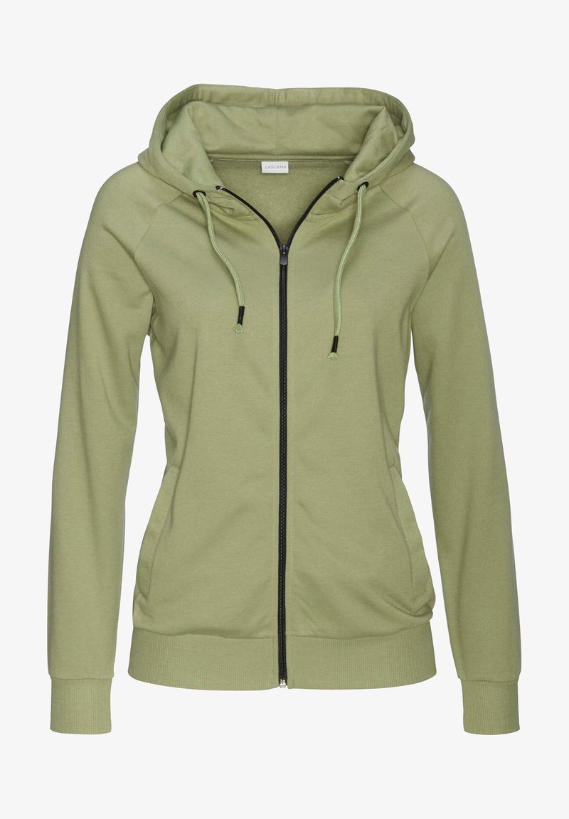 Hellgrüner Reißverschluss-Hoodie aus weichem Material, ausgestattet mit einer gefütterten Kapuze, verstellbaren Kordeln sowie gerippten Bündchen und Saum.