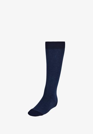 Kniestrumpf in dunkelmarineblau, aus einem strukturierten Strickmaterial; mit einem gerippten Bündchen und einem verstärkten Zehenbereich.