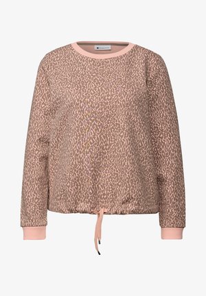 Bluza w kolorach różowym i brązowym z nadrukiem w panterkę, posiadająca okrągły dekolt, długie rękawy oraz regulowany sznurek u dołu.