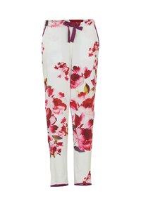 Bloemenpyjamabroek in witte stof, met grote roze en rode bloemenpatronen, en een paarse koord en rand langs de zakken.