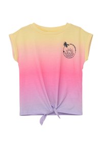 T-shirt met korte mouwen en een gestrikte voorkant, gekenmerkt door een ombre verloop van geel naar roze, met een zwart ananas- en zon graphic aan de linkerzijde.