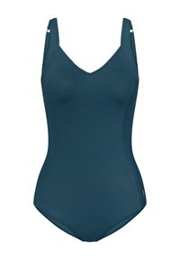 Bañador de una pieza en color verde azulado con escote en V, tirantes ajustables y tejido suave. Acentuado con costuras sutiles y un pequeño detalle de logo dorado.