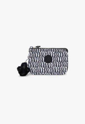 Portafoglio con zip con un motivo a onda in bianco e nero, dotato di un charm nero testurizzato e di un logo rotondo sulla parte anteriore.