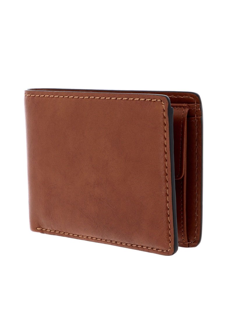 Brown leather wallet with a smooth texture, bi-fold design, visible stitching, and multiple compartments for cards and cash.