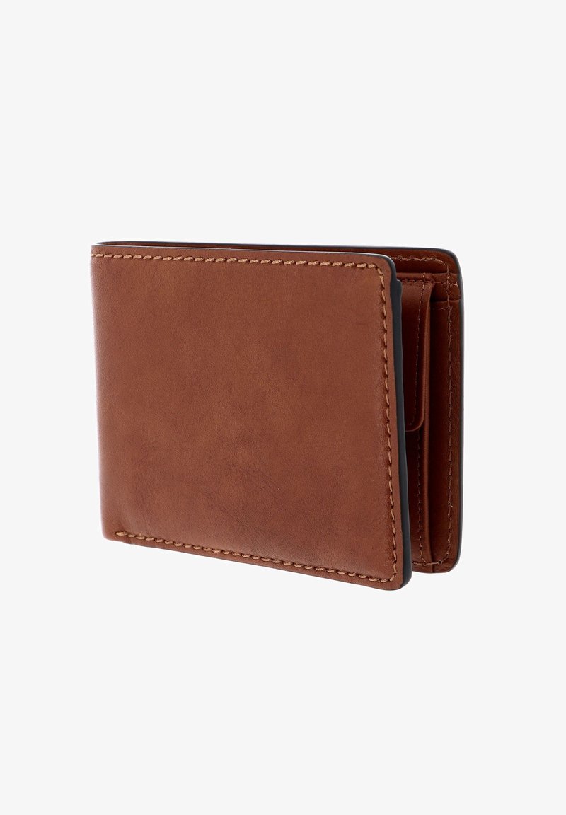 Brown leather wallet with a smooth texture, bi-fold design, visible stitching, and multiple compartments for cards and cash.