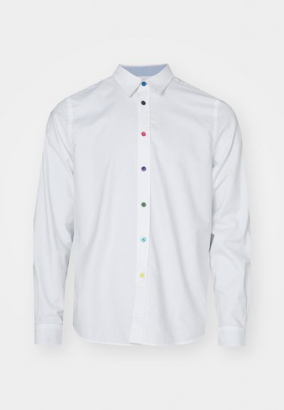 White long-sleeve shirt made of cotton, featuring a solid design with a row of multicolored buttons down the front.