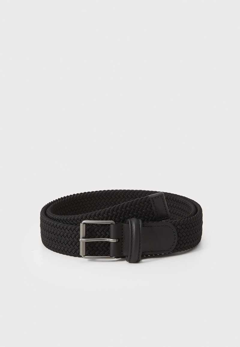 Black braided belt made from elastic material, featuring a silver metal buckle and leather accents for durability and style.