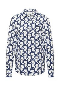 Long-sleeve shirt in white and navy with a geometric oval pattern, button front, and classic collar. Made of smooth fabric.