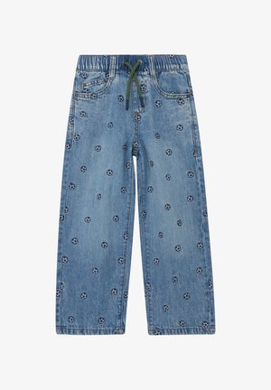 Pantalon en denim bleu clair avec taille élastique, cordon de serrage vert-noir et petits motifs floraux sombres répartis uniformément.