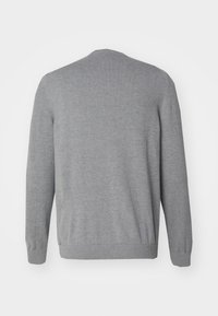 Grijze gebreide trui, ronde hals, lange mouwen. Glad textuur met ribgebreide manchetten en onderrand. Achteraanzicht toont minimale details en strakke lijnen.