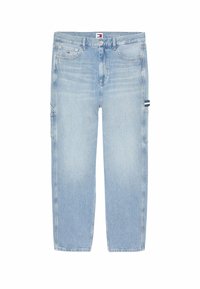 Jean en denim bleu clair avec une coupe droite, cinq poches et une étiquette logo sur la taille. Présente un léger délavage et une taille mi-haute.