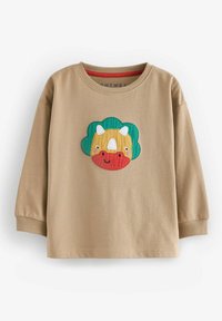 Beige mikina s dlouhým rukávem, která má barevný design dinosaura na přední straně s vyšívanými detaily a kulatým výstřihem.