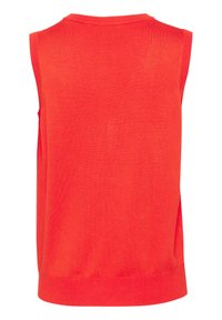 Débardeur rouge sans manches, en tissu tricoté, col rond, avec une texture lisse et un ourlet droit. Aucun motif ni détail supplémentaire présent.