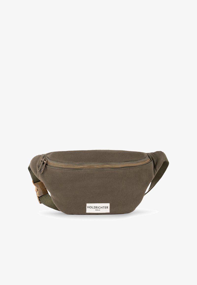 Canvas fanny pack in olive green, featuring a gold zipper, adjustable strap, and a white label with "HOLZRICHTER BERLIN" text.