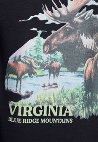 Maglietta nera con una grafica colorata di un alce vicino a un fiume con alberi di pino. Il testo recita "MONTAGNE DEL BLUE RIDGE DELLA VIRGINIA" in verde chiaro.
