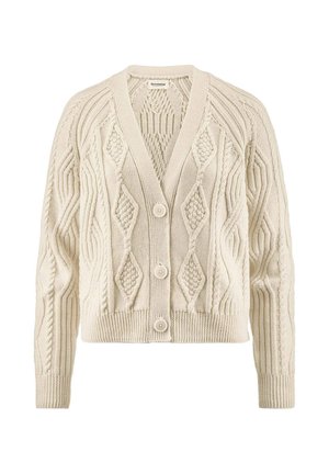 Cremefarbene Strickjacke mit Diamant- und Zopfmuster, langen Ärmeln, gerippten Bündchen und Saum sowie drei Knöpfen an der Vorderseite.