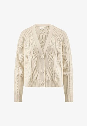 Cremefarbene Strickjacke mit Diamant- und Zopfmuster, langen Ärmeln, gerippten Bündchen und Saum sowie drei Knöpfen an der Vorderseite.