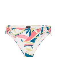 Bikiniunderdel med ett flerfärgat tropiskt bladmönster i rosa, grönt och blått, med sidband och vit innerfoder.