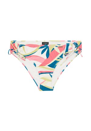 Bikini inferiore con un motivo di foglie tropicali multicolore in rosa, verde e blu, con lacci laterali e fodera interna bianca.